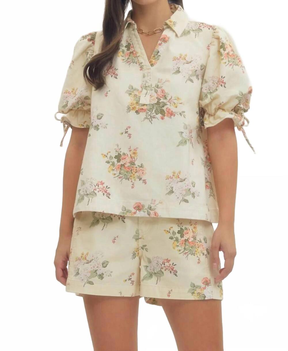 NEW ENTRO floral denim top in cream